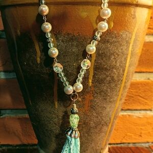 Hand Crafted Pearl and Crystal Necklace with Aqua Tassel